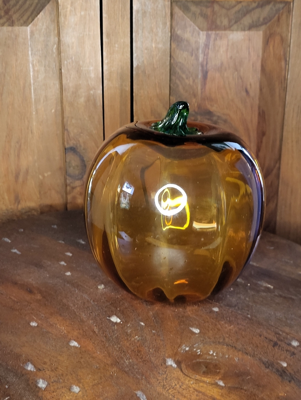 Hand-Blown Amber Glass Pumpkin Décor with Green Stem - Picture 6 of 11